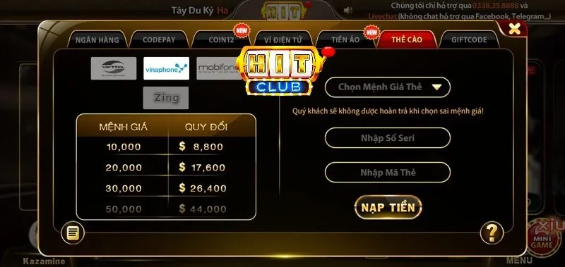 Hướng dẫn các bước nạp thẻ cào vinaphone vào hitclub